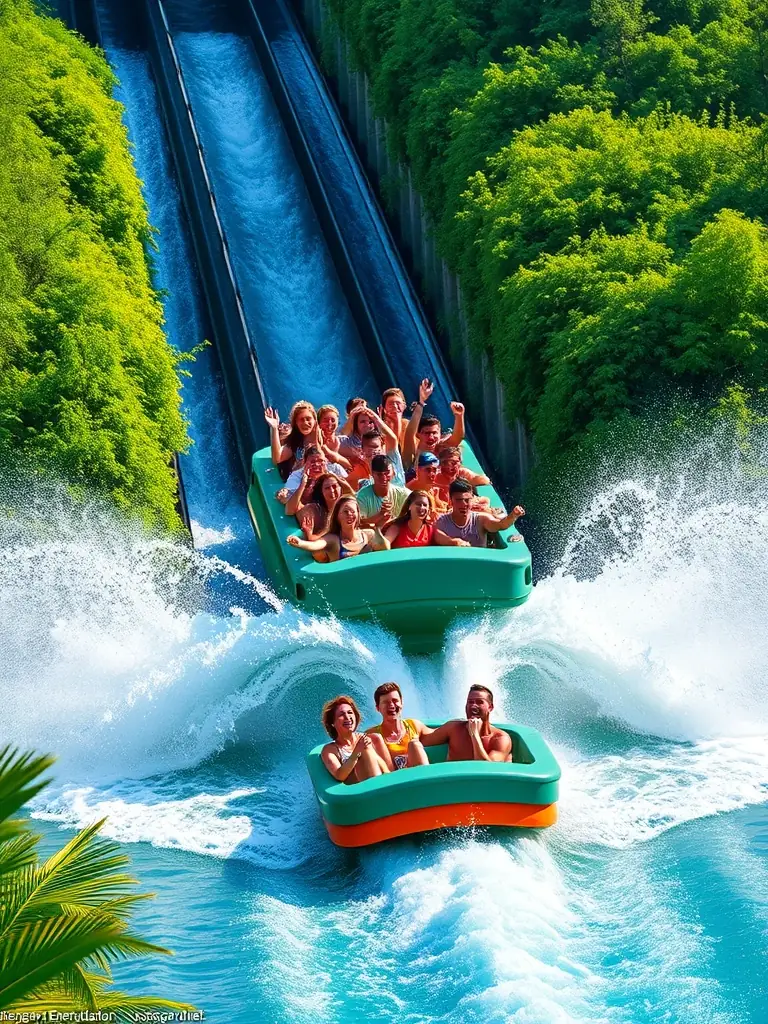 A dynamic shot of the Atlantis water coaster, featuring a boatload of people splashing down a steep drop, surrounded by lush greenery and excited screams at Energylandia.