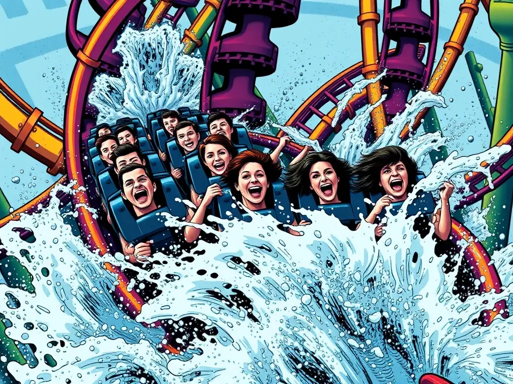 A close-up, action-packed image of the Abyssus roller coaster at Energylandia, capturing its multiple inversions and water features, with riders screaming and laughing as they navigate the twists and turns.