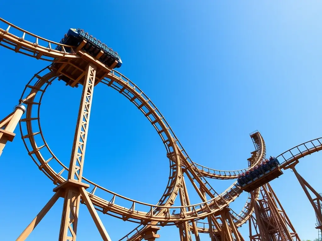 A wide shot of the Zadra roller coaster at Energylandia, emphasizing its wooden structure and complex layout, with riders enjoying the twists, turns, and drops against a clear blue sky.