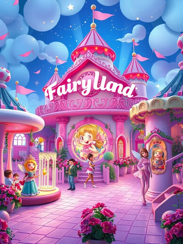A cheerful image of the Fairytale Land, depicting colorful carousels, gentle rides, and happy children with their parents, all set against a backdrop of whimsical decorations at Energylandia.
