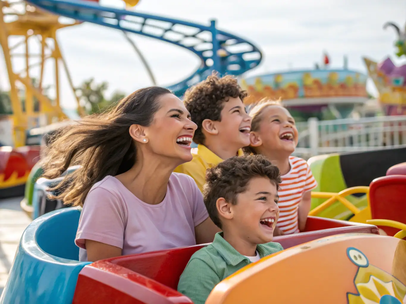 A colorful and whimsical image of a family ride with children laughing and smiling, set in a themed area at Energylandia.