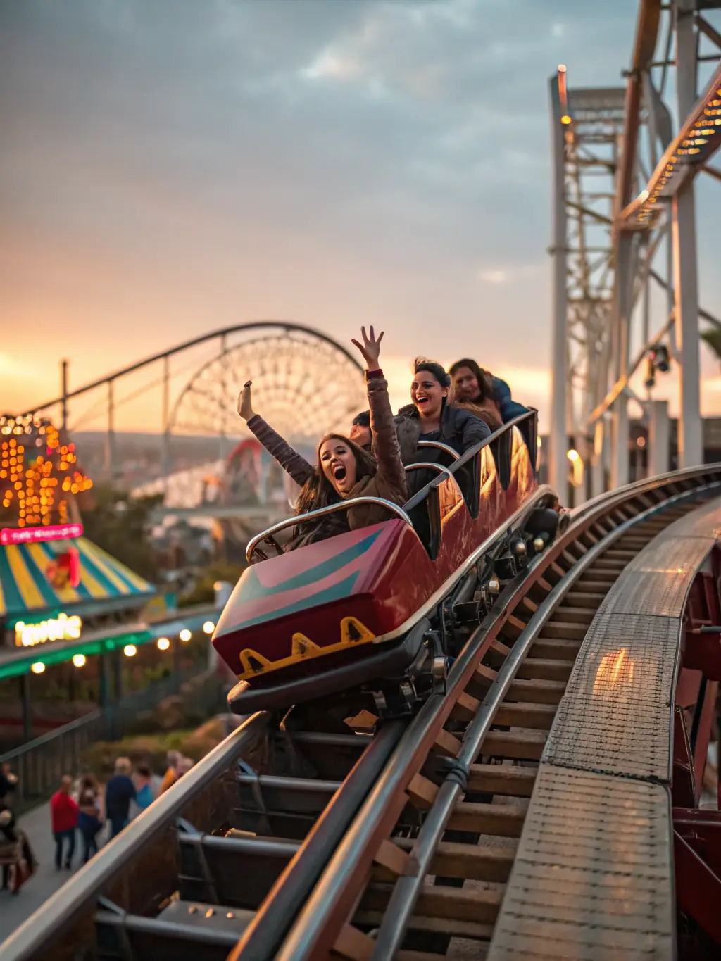 A captivating photo of the Abyssus roller coaster at night, illuminated with vibrant lights, showing its complex track and inversions, with riders experiencing thrilling twists and turns at Energylandia.