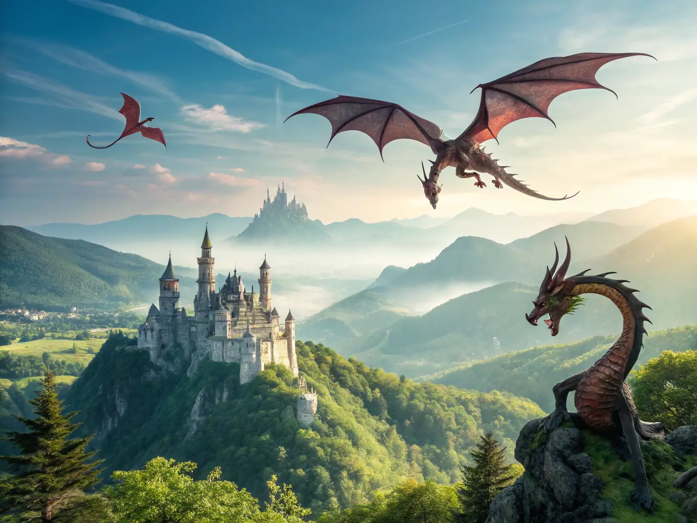 An inviting scene from Dragon Zone, showcasing the unique architecture, thrilling rides, and mythical creatures that create an immersive experience. The image should capture the zone's adventurous and mysterious atmosphere.