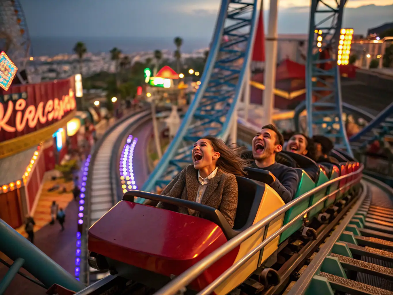 A dynamic shot of the Extreme Zone, featuring towering roller coasters like Hyperion and Abyssus, with thrill-seekers screaming with excitement. The image should convey a sense of adrenaline and adventure.