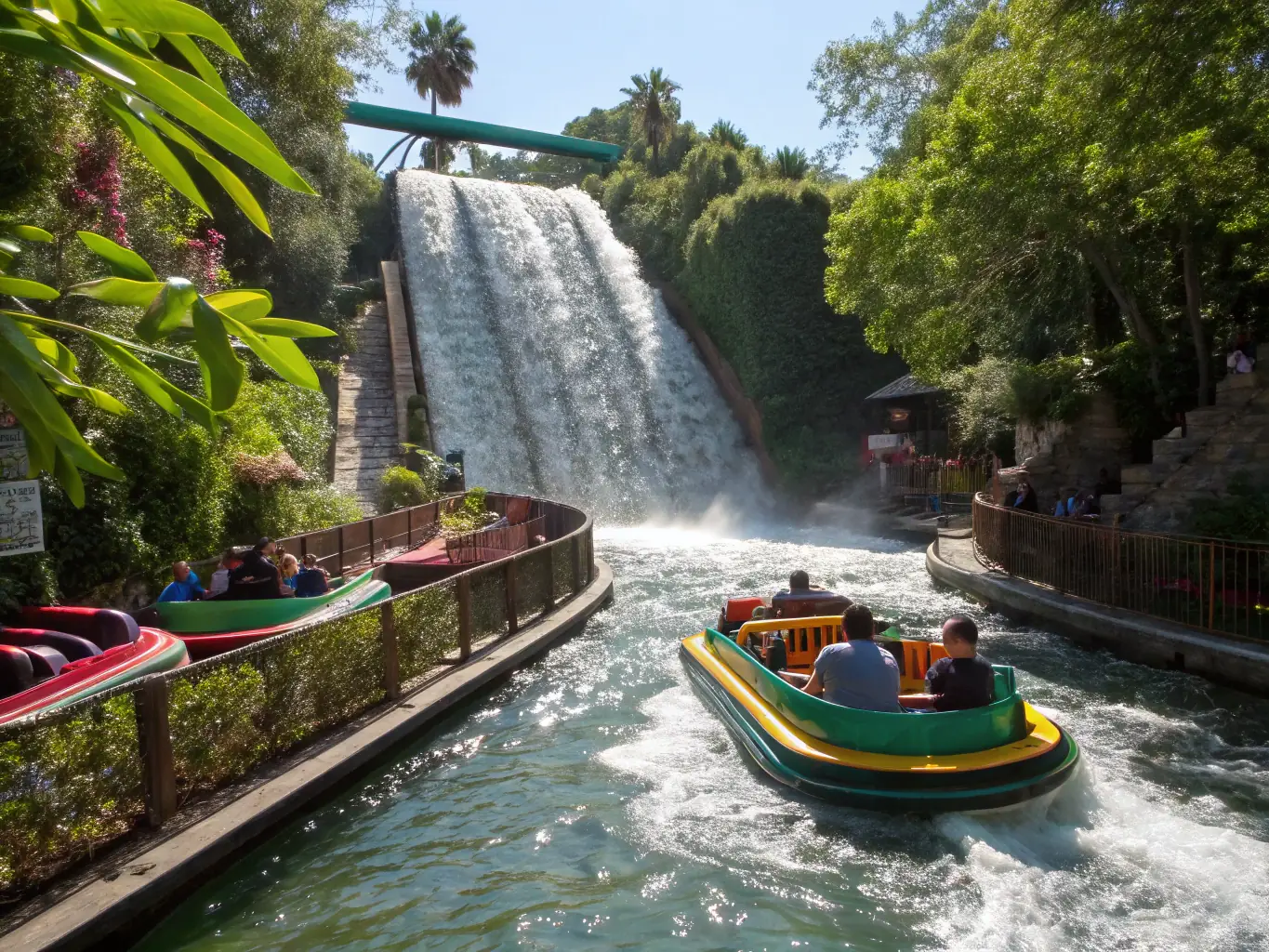 A vibrant image of a water ride with people splashing and laughing, set against a backdrop of lush greenery at Energylandia.