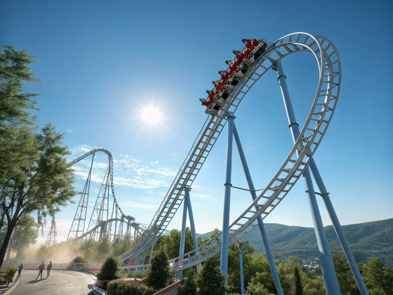 A high-speed roller coaster with multiple loops and inversions, set against a clear blue sky at Energylandia.